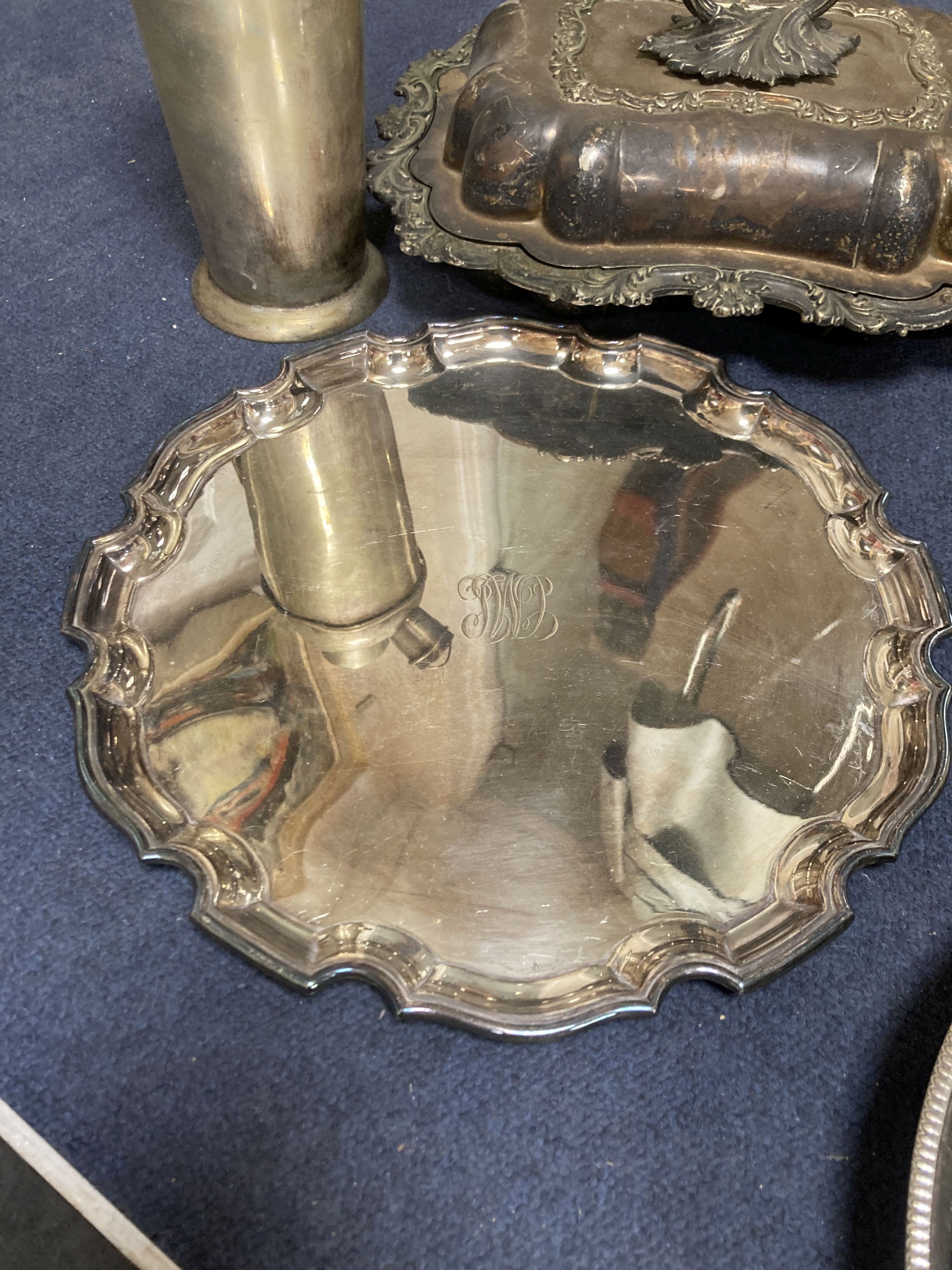 A collection of plated wares including tureen and cover, salvers, flasks, etc.